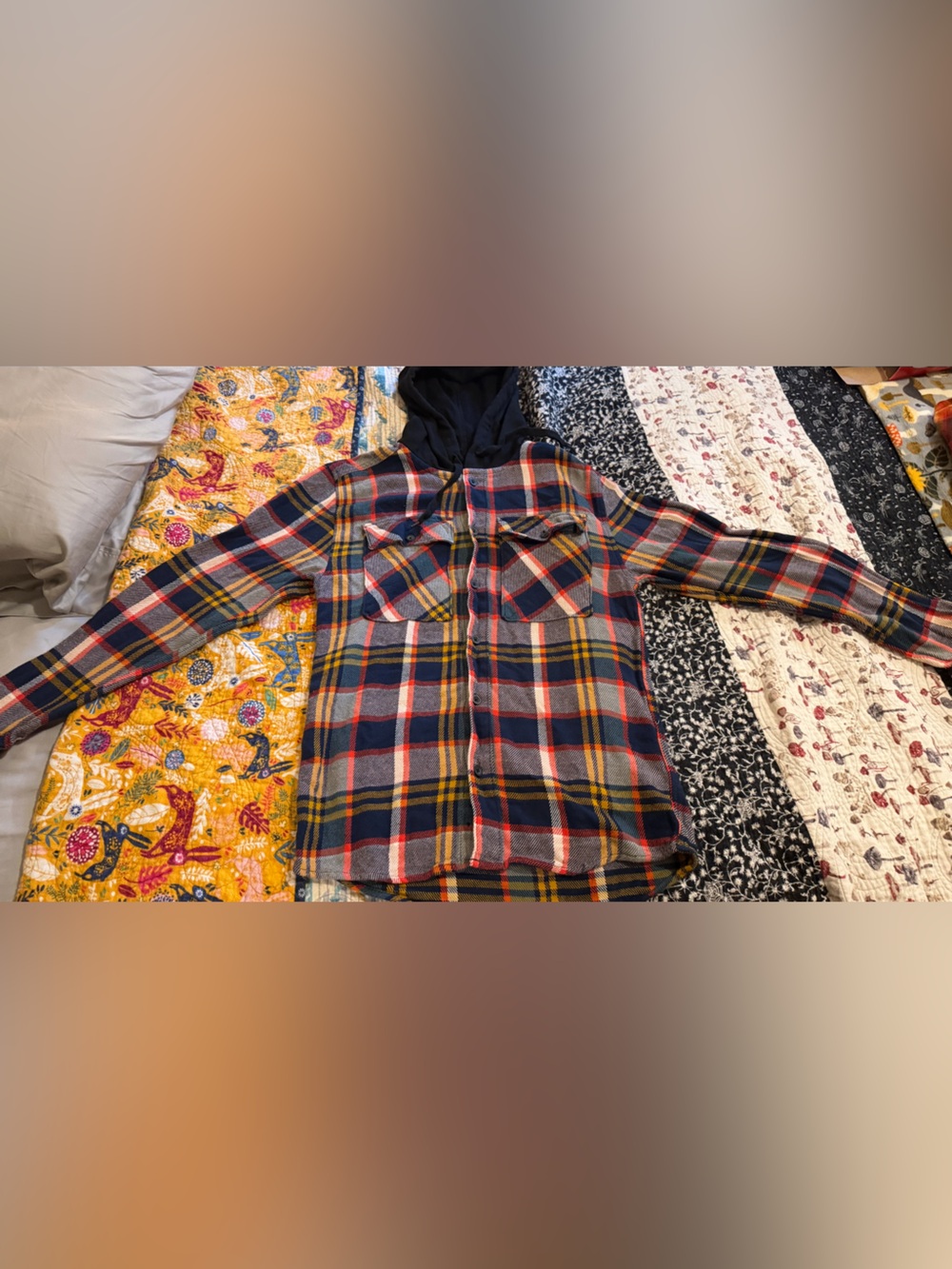 No Boundaries Plaid Shacket in Navy, Red & Mustard